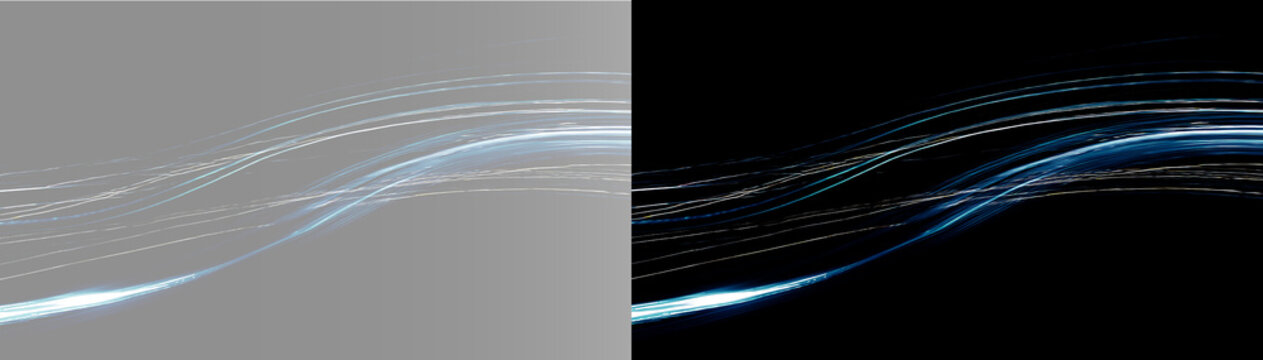 Abstract futuristic blue neon light trails overlay, twin digital fiber optic wave speed lines on black and grey background wide banner, Symmetrical double glowing cyan laser beam wave template