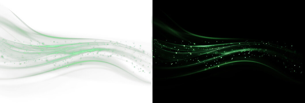 Abstract futuristic green neon light trails overlay, twin digital fiber optic wave speed lines on black and white background wide banner. Symmetrical double glowing emerald laser beam wave template