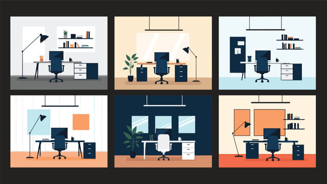 Set of six modern home office workspaces with different color schemes and layouts featuring desks chairs plants and bookshelves.