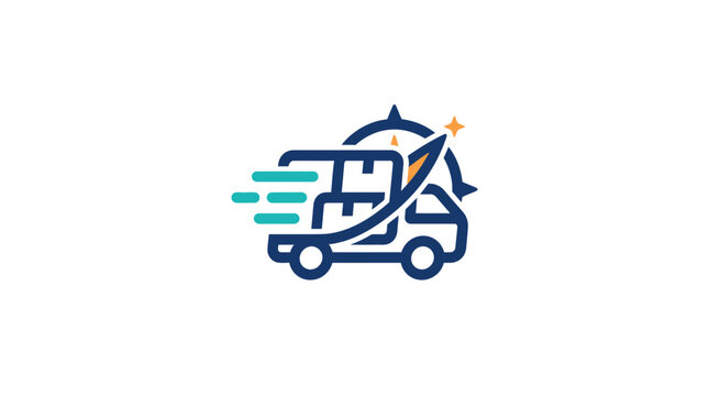 Fast food delivery logo icon featuring a truck with parcels and a food dome.