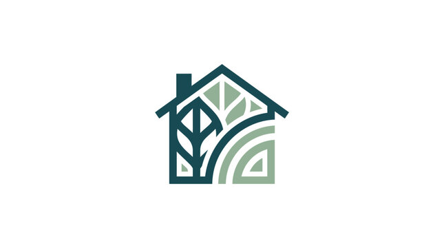 Minimalist eco friendly house icon logo design with leaf and plant elements.