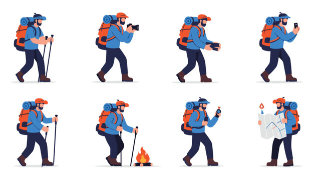 Character kit for a male hiker features several poses including walking with poles, taking photos, using a compass, and reading a map.