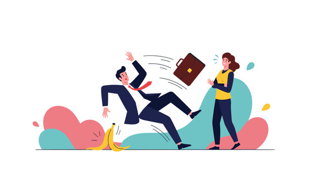 Clumsy businessman slips on a yellow banana peel dropping his briefcase while a woman nearby laughs at the comical accident scene.