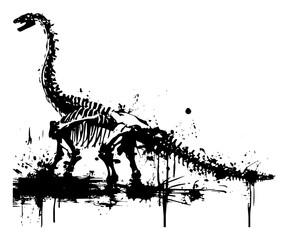 Dinosaur skeleton fossils of a long neck sauropod with black ink splatters and paint drips, prehistoric paleontology grunge vector art © Luka