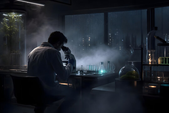 Moody atmospheric health technology innovation lab with fog, rai