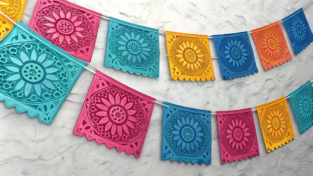 Vibrant mexican paper bunting flags hanging on a light grey marble background for festive celebration