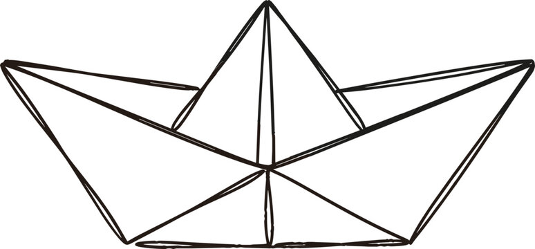 Minimalist hand drawn paper boat vector illustration with rough sketchy black outline isolated on a white background.