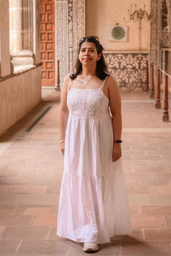 Portrait of a Woman in White Dress Inside Malinalco Convent Corridor