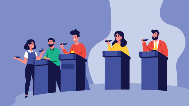 Diverse group of people participates in a competitive television quiz show while standing behind podiums and holding their buzzers on a blue stage.