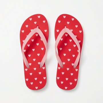 Pair of red flip flops with pink heart pattern isolated on white background