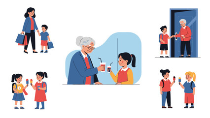 Fototapeta premium Multiple heartwarming illustrations show a grandmother interacting with her grandchildren, including walking, sharing drinks, and eating ice cream.