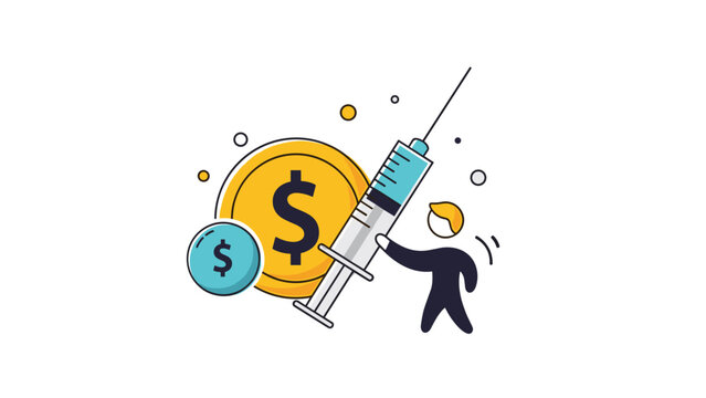 Medical syringe stands next to large gold dollar coins as a small stylized character pushes it, representing healthcare costs or investment.