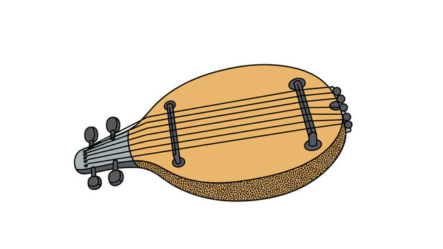 Traditional stringed musical instrument similar to a mandolin or lute is illustrated with a wooden body and multiple strings on a white background.
