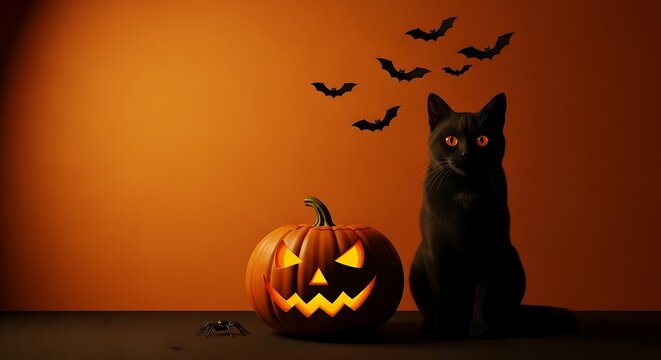 Halloween black cat and glowing jack o lantern pumpkin with bats on orange background