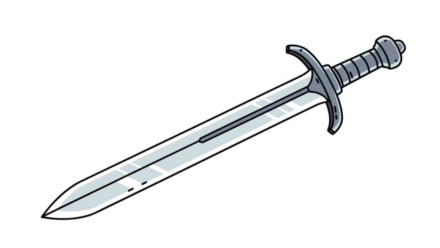 Classic medieval silver sword with a simple crossguard and textured handle is illustrated at an angle on a clean white background.