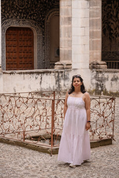 Woman in White Dress Standing in Malinalco Convent Courtyard