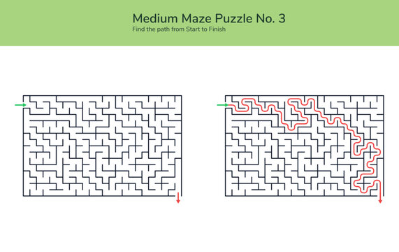 Medium maze puzzle with red route. Maze worksheet shows start arrow, finish mark, black labyrinth grid, solved path, brain teaser for kids, classroom practice, printable game design