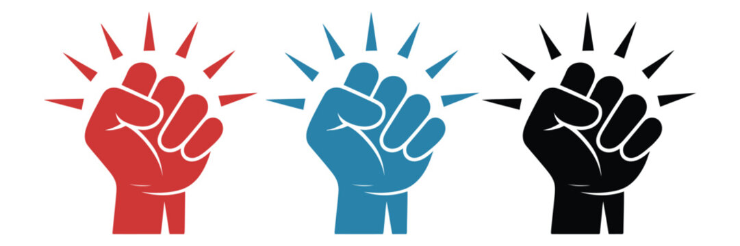 Fist hitting outline icon showing a human hand performing a knocking gesture with impact lines in red, blue, and black variations