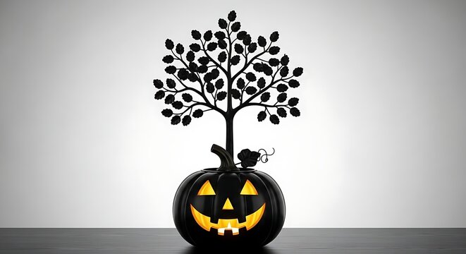 Halloween black pumpkin jack o lantern with a decorative tree growing inside on a white background