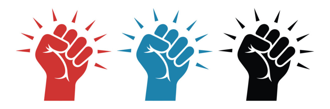 Fist hitting outline icon showing a human hand performing a knocking gesture with impact lines in red, blue, and black variations