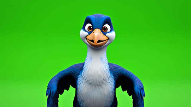 A cartoon blue and white bird with outstretched wings on green background