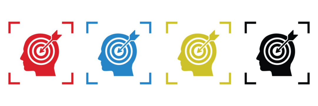 Focus target head icon depicting a human mind with a goal arrow for business strategy, personal aim concept, and mental clarity