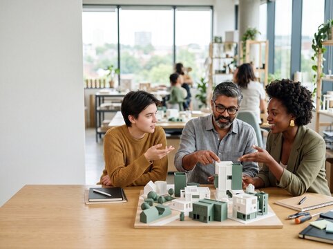 Diverse team of architects and designers collaborating on a 3D architectural model in a modern office studio