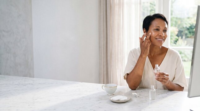 Happy middle-aged woman applying facial serum in front of a mirror at home