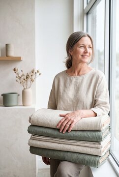 Smiling middle-aged woman holding a stack of high-quality linen fabrics in a bright minimalist studio
