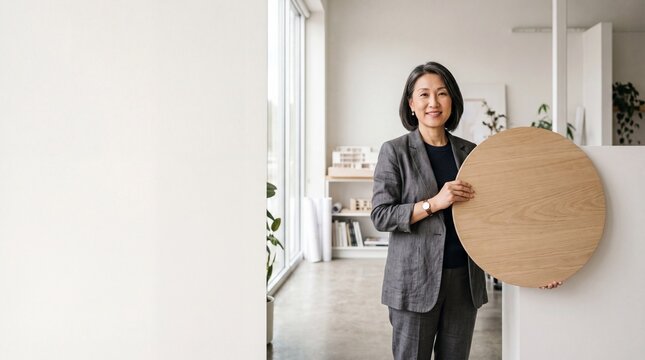 Confident mature Asian female architect or interior designer holding a large circular wood sample in a bright modern office studio
