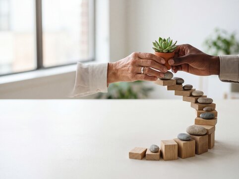 Two diverse hands holding a small succulent plant at the top of a spiral staircase made of wooden blocks and stones, symbolizing growth and cooperation