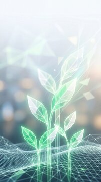 Futuristic digital green plants growing from a wireframe grid, representing sustainable technology and green energy innovation