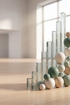 Abstract geometric composition featuring glass prisms and spheres in a minimalist interior with soft natural light