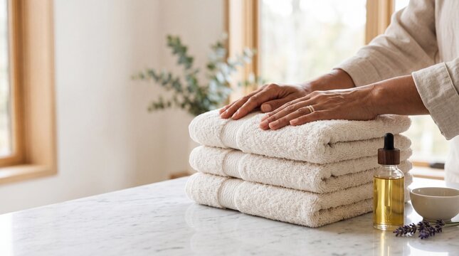 Close-up of hands resting on a stack of soft white towels with essential oil and lavender on a marble surface in a bright spa setting