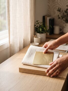 Interior designer hands arranging material samples with brass plate and linen fabric on a wooden desk in a sunlit studio