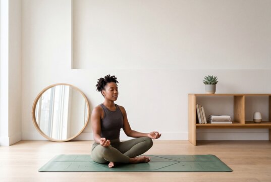 Peaceful Black woman practicing yoga and meditation in a bright, minimalist home interior