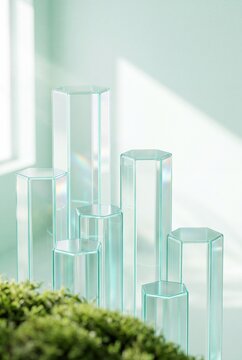 Minimalist Glass Hexagonal Pedestals for Product Display on Mint Green Background