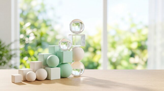 Abstract composition of pastel and glass geometric shapes stacked on a wooden table with a blurred natural background