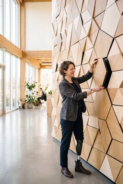 Professional woman with a prosthetic leg examining a geometric wooden wall installation in a bright, modern architectural office space