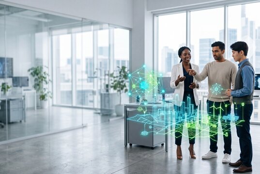 Diverse Team of Professionals Analyzing a 3D Holographic Smart City Model in a Modern Office