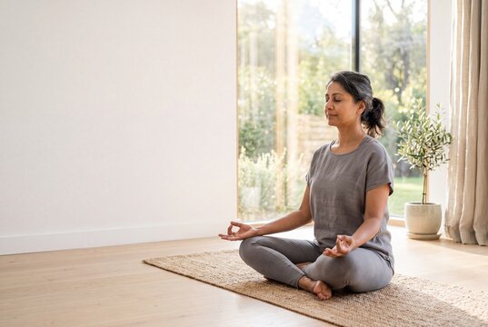 Serene mature Indian woman practicing meditation in lotus pose on a rug in a bright, modern living room