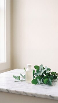 Minimalist Eucalyptus Essential Oil Bottle on Marble Surface with Copy Space