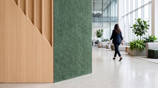 Modern Office Lobby Interior with Wood and Green Acoustic Wall Panels and Business Woman Walking