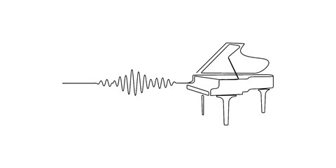 Continuous single line drawing of a grand piano connected to an audio sound wave signal representing musical performance and artistic creative sound design Vector, illustration © Vector Line Drawing