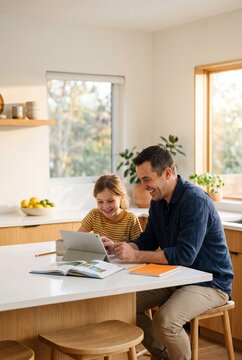 Smiling father and young daughter learning together with a digital tablet and textbook at a kitchen island in a sunlit home