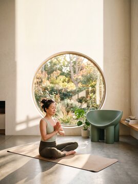 Peaceful Asian woman meditating in a minimalist modern home studio with a large circular window and garden view