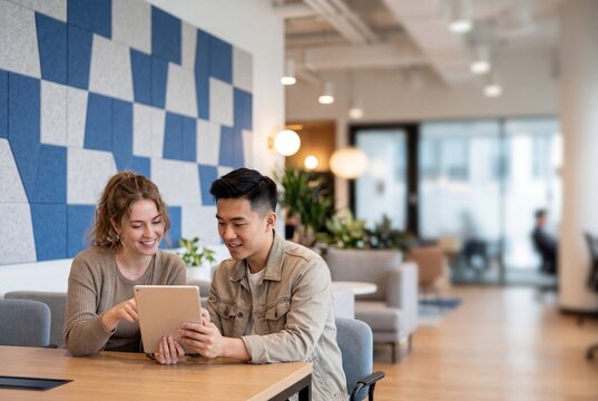 Diverse young coworkers collaborating and smiling while looking at a digital tablet in a modern coworking office space