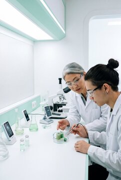 Two scientists working in a modern laboratory on biotechnology research with a green sample