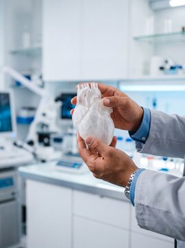 Doctor holding a 3D printed human heart model in a modern medical laboratory