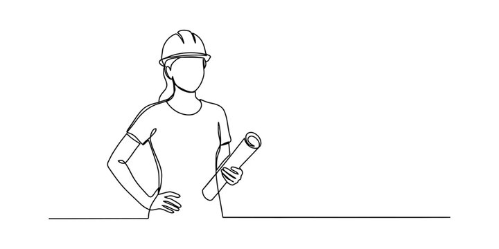 Continuous single line drawing of a female engineer wearing a hard hat holding a blueprint paper project plan for construction and building development work Vector, illustration